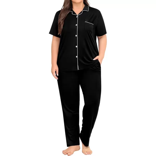 imageSWOMOG Womens Plus Size Pajama Set Short Sleeve Sleepwear Top and Pants Button Up Pajamas for Women LoungewearBlack