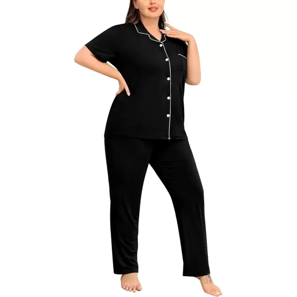 imageSWOMOG Womens Plus Size Pajama Set Short Sleeve Sleepwear Top and Pants Button Up Pajamas for Women LoungewearBlack