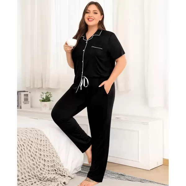 imageSWOMOG Womens Plus Size Pajama Set Short Sleeve Sleepwear Top and Pants Button Up Pajamas for Women LoungewearBlack