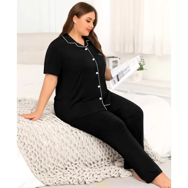 imageSWOMOG Womens Plus Size Pajama Set Short Sleeve Sleepwear Top and Pants Button Up Pajamas for Women LoungewearBlack