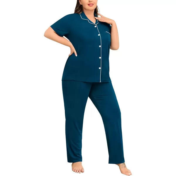 imageSWOMOG Womens Plus Size Pajama Set Short Sleeve Sleepwear Top and Pants Button Up Pajamas for Women LoungewearBlue Green