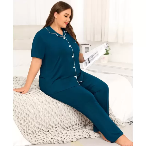 imageSWOMOG Womens Plus Size Pajama Set Short Sleeve Sleepwear Top and Pants Button Up Pajamas for Women LoungewearBlue Green