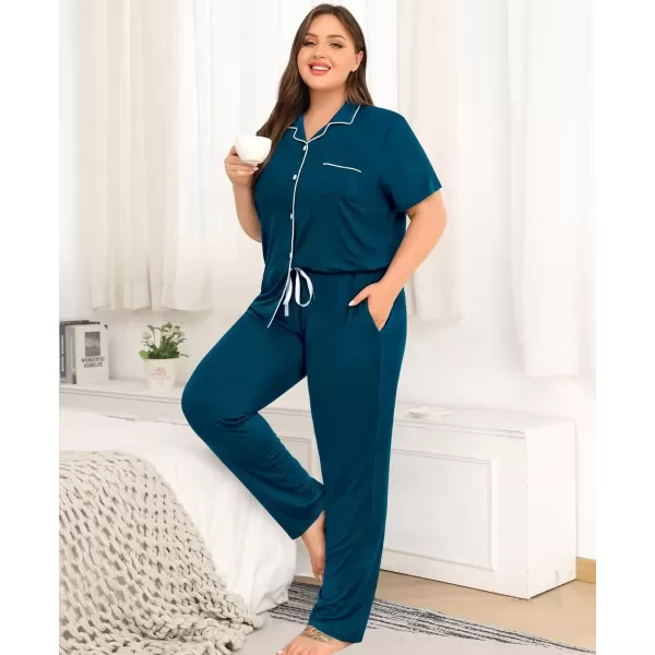 imageSWOMOG Womens Plus Size Pajama Set Short Sleeve Sleepwear Top and Pants Button Up Pajamas for Women LoungewearBlue Green