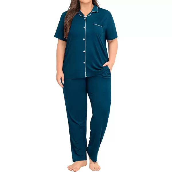 imageSWOMOG Womens Plus Size Pajama Set Short Sleeve Sleepwear Top and Pants Button Up Pajamas for Women LoungewearBlue Green