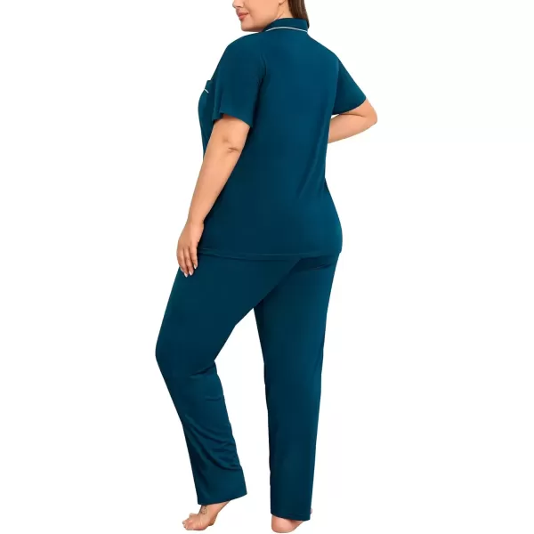 imageSWOMOG Womens Plus Size Pajama Set Short Sleeve Sleepwear Top and Pants Button Up Pajamas for Women LoungewearBlue Green