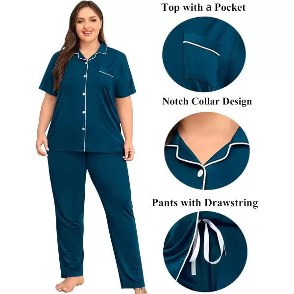 imageSWOMOG Womens Plus Size Pajama Set Short Sleeve Sleepwear Top and Pants Button Up Pajamas for Women LoungewearBlue Green