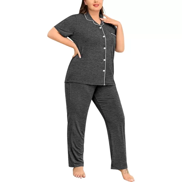 imageSWOMOG Womens Plus Size Pajama Set Short Sleeve Sleepwear Top and Pants Button Up Pajamas for Women LoungewearDark Gary