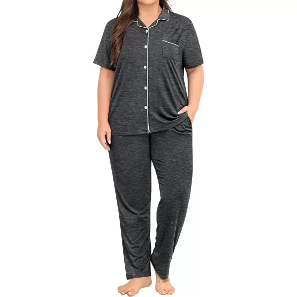 imageSWOMOG Womens Plus Size Pajama Set Short Sleeve Sleepwear Top and Pants Button Up Pajamas for Women LoungewearDark Gary