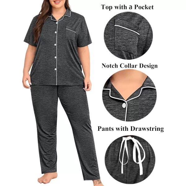 imageSWOMOG Womens Plus Size Pajama Set Short Sleeve Sleepwear Top and Pants Button Up Pajamas for Women LoungewearDark Gary