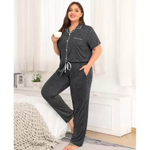 imageSWOMOG Womens Plus Size Pajama Set Short Sleeve Sleepwear Top and Pants Button Up Pajamas for Women LoungewearDark Gary