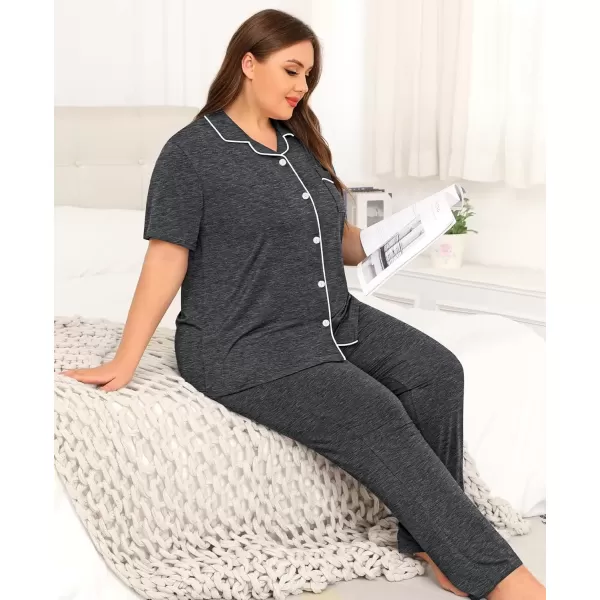 imageSWOMOG Womens Plus Size Pajama Set Short Sleeve Sleepwear Top and Pants Button Up Pajamas for Women LoungewearDark Gary