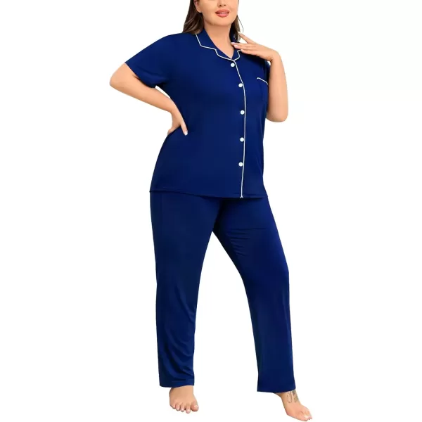 imageSWOMOG Womens Plus Size Pajama Set Short Sleeve Sleepwear Top and Pants Button Up Pajamas for Women LoungewearNavy Blue