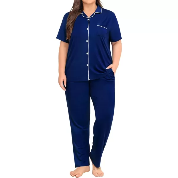 imageSWOMOG Womens Plus Size Pajama Set Short Sleeve Sleepwear Top and Pants Button Up Pajamas for Women LoungewearNavy Blue