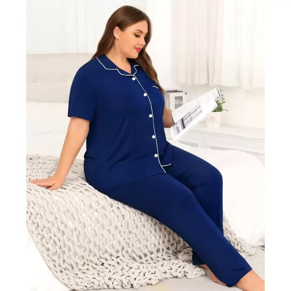 imageSWOMOG Womens Plus Size Pajama Set Short Sleeve Sleepwear Top and Pants Button Up Pajamas for Women LoungewearNavy Blue