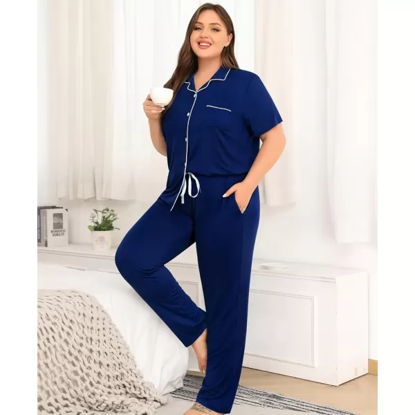 imageSWOMOG Womens Plus Size Pajama Set Short Sleeve Sleepwear Top and Pants Button Up Pajamas for Women LoungewearNavy Blue