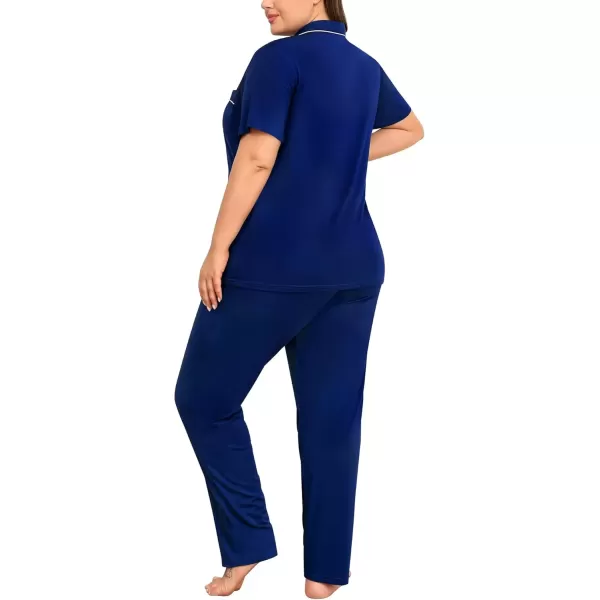 imageSWOMOG Womens Plus Size Pajama Set Short Sleeve Sleepwear Top and Pants Button Up Pajamas for Women LoungewearNavy Blue