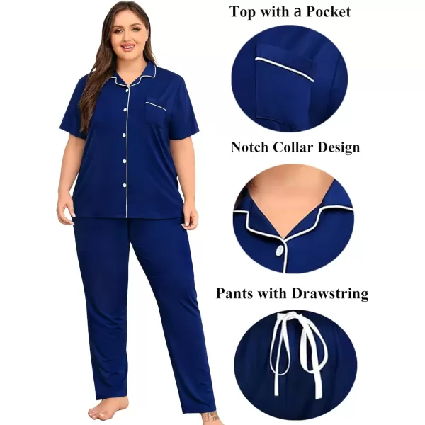 imageSWOMOG Womens Plus Size Pajama Set Short Sleeve Sleepwear Top and Pants Button Up Pajamas for Women LoungewearNavy Blue