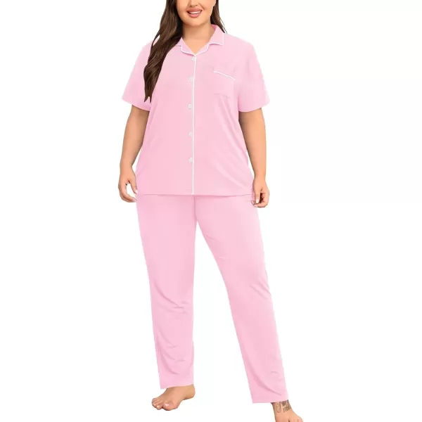 imageSWOMOG Womens Plus Size Pajama Set Short Sleeve Sleepwear Top and Pants Button Up Pajamas for Women LoungewearPink