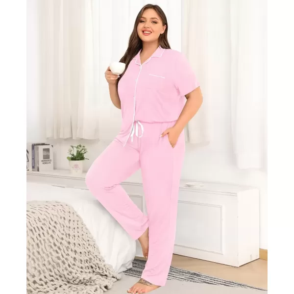 imageSWOMOG Womens Plus Size Pajama Set Short Sleeve Sleepwear Top and Pants Button Up Pajamas for Women LoungewearPink