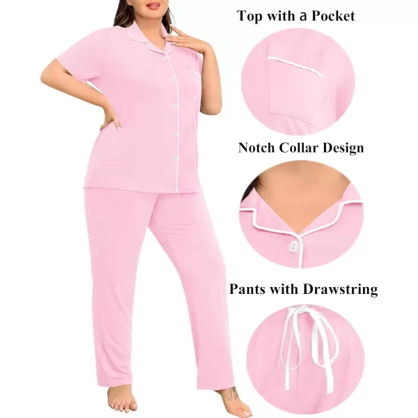 imageSWOMOG Womens Plus Size Pajama Set Short Sleeve Sleepwear Top and Pants Button Up Pajamas for Women LoungewearPink