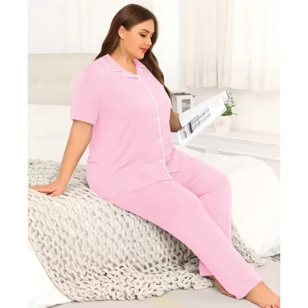 imageSWOMOG Womens Plus Size Pajama Set Short Sleeve Sleepwear Top and Pants Button Up Pajamas for Women LoungewearPink