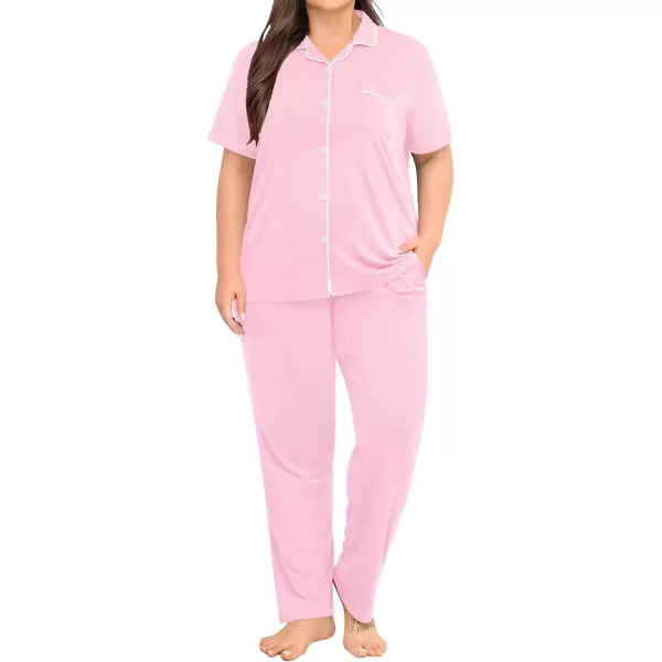 imageSWOMOG Womens Plus Size Pajama Set Short Sleeve Sleepwear Top and Pants Button Up Pajamas for Women LoungewearPink