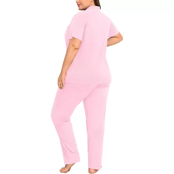 imageSWOMOG Womens Plus Size Pajama Set Short Sleeve Sleepwear Top and Pants Button Up Pajamas for Women LoungewearPink