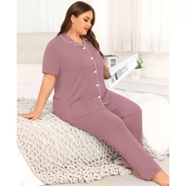 imageSWOMOG Womens Plus Size Pajama Set Short Sleeve Sleepwear Top and Pants Button Up Pajamas for Women LoungewearTaro Purple