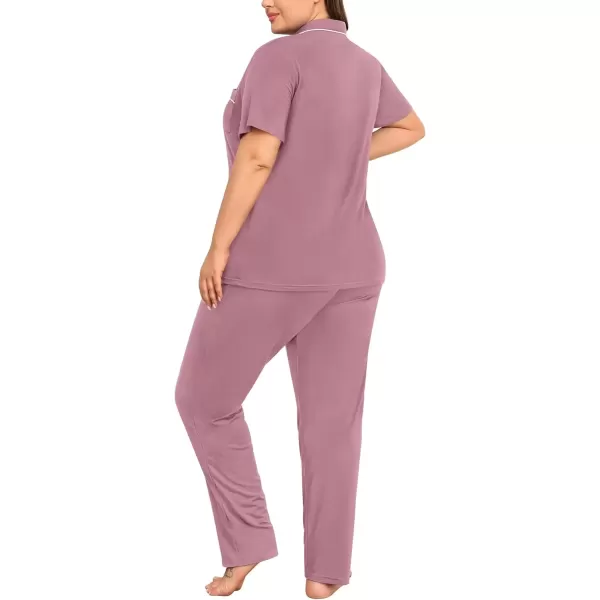 imageSWOMOG Womens Plus Size Pajama Set Short Sleeve Sleepwear Top and Pants Button Up Pajamas for Women LoungewearTaro Purple