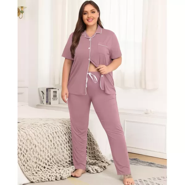 imageSWOMOG Womens Plus Size Pajama Set Short Sleeve Sleepwear Top and Pants Button Up Pajamas for Women LoungewearTaro Purple