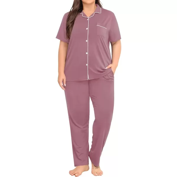 imageSWOMOG Womens Plus Size Pajama Set Short Sleeve Sleepwear Top and Pants Button Up Pajamas for Women LoungewearTaro Purple