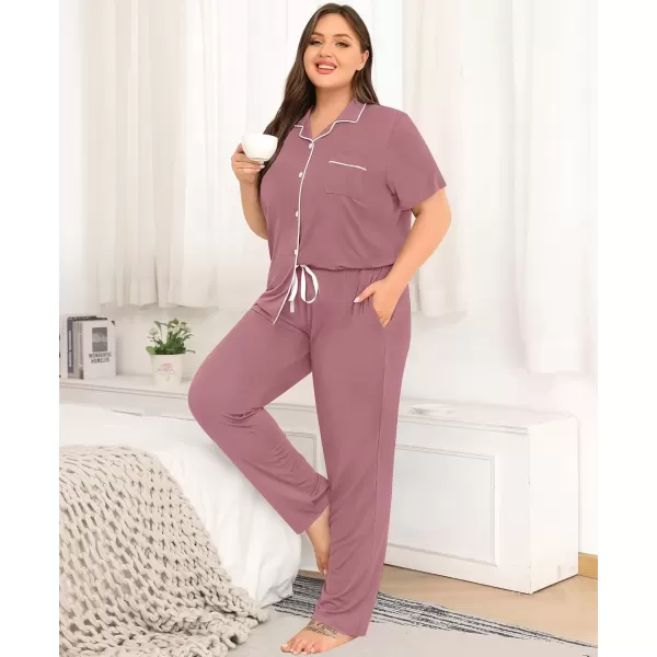 imageSWOMOG Womens Plus Size Pajama Set Short Sleeve Sleepwear Top and Pants Button Up Pajamas for Women LoungewearTaro Purple