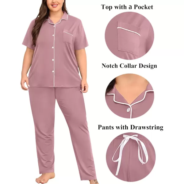 imageSWOMOG Womens Plus Size Pajama Set Short Sleeve Sleepwear Top and Pants Button Up Pajamas for Women LoungewearTaro Purple