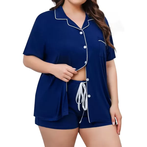 imageSWOMOG Womens Plus Size Pajama Set Short Sleeve Sleepwear Top and Pants Button Up Pajamas for Women LoungewearZberry Blue