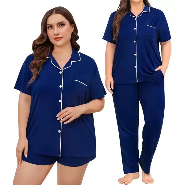 imageSWOMOG Womens Plus Size Pajama Set Short Sleeve Sleepwear Top and Pants Button Up Pajamas for Women LoungewearZberry Blue