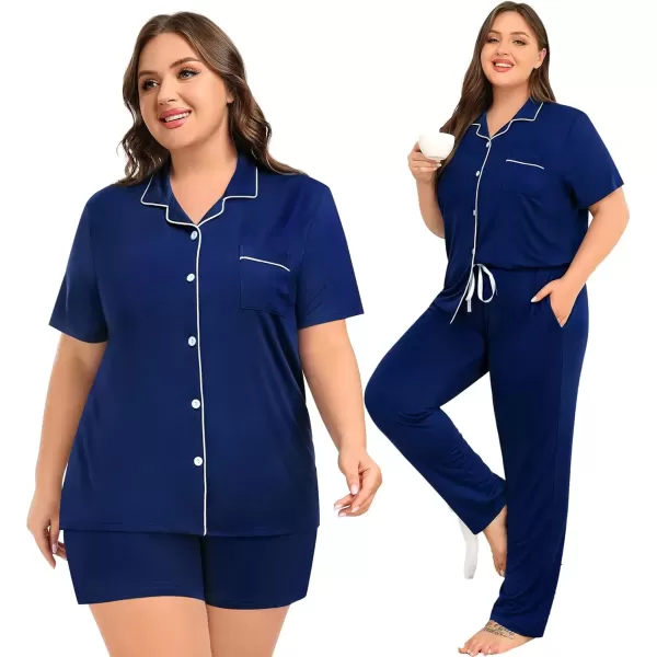 imageSWOMOG Womens Plus Size Pajama Set Short Sleeve Sleepwear Top and Pants Button Up Pajamas for Women LoungewearZberry Blue