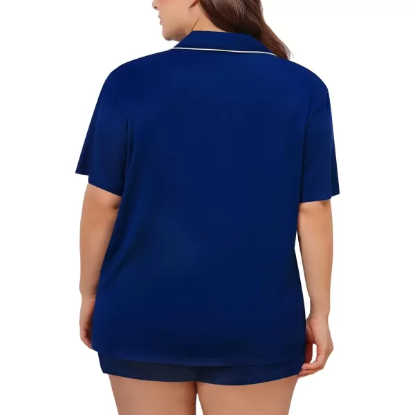 imageSWOMOG Womens Plus Size Pajama Set Short Sleeve Sleepwear Top and Pants Button Up Pajamas for Women LoungewearZberry Blue