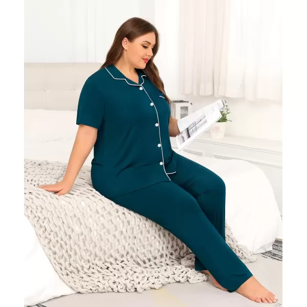 imageSWOMOG Womens Plus Size Pajama Set Short Sleeve Sleepwear Top and Pants Button Up Pajamas for Women LoungewearZbluegreen