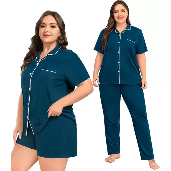 imageSWOMOG Womens Plus Size Pajama Set Short Sleeve Sleepwear Top and Pants Button Up Pajamas for Women LoungewearZbluegreen