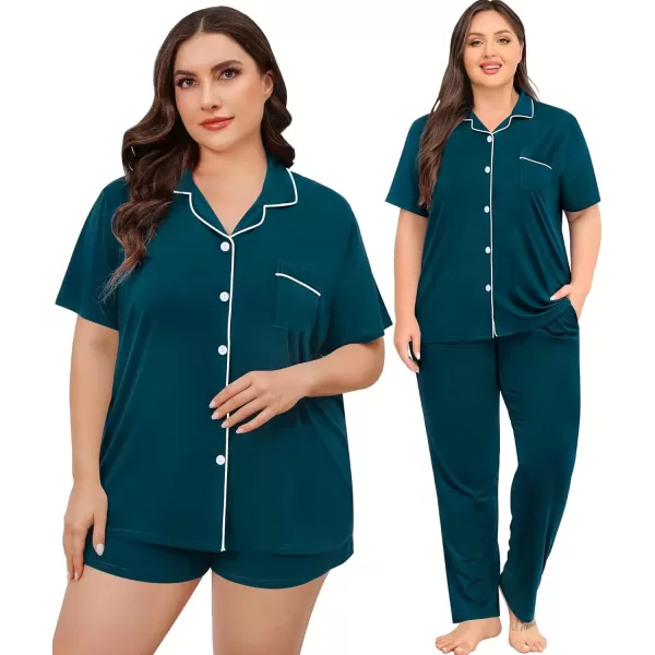 imageSWOMOG Womens Plus Size Pajama Set Short Sleeve Sleepwear Top and Pants Button Up Pajamas for Women LoungewearZbluegreen