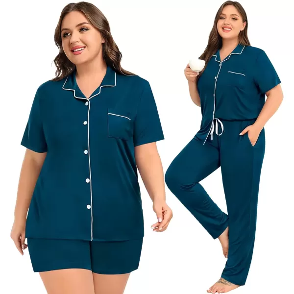 imageSWOMOG Womens Plus Size Pajama Set Short Sleeve Sleepwear Top and Pants Button Up Pajamas for Women LoungewearZbluegreen