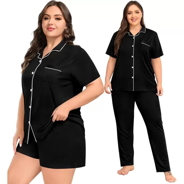 imageSWOMOG Womens Plus Size Pajama Set Short Sleeve Sleepwear Top and Pants Button Up Pajamas for Women LoungewearZcarbon Black