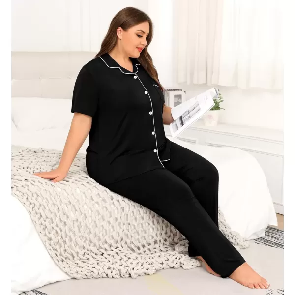 imageSWOMOG Womens Plus Size Pajama Set Short Sleeve Sleepwear Top and Pants Button Up Pajamas for Women LoungewearZcarbon Black