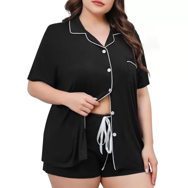 imageSWOMOG Womens Plus Size Pajama Set Short Sleeve Sleepwear Top and Pants Button Up Pajamas for Women LoungewearZcarbon Black