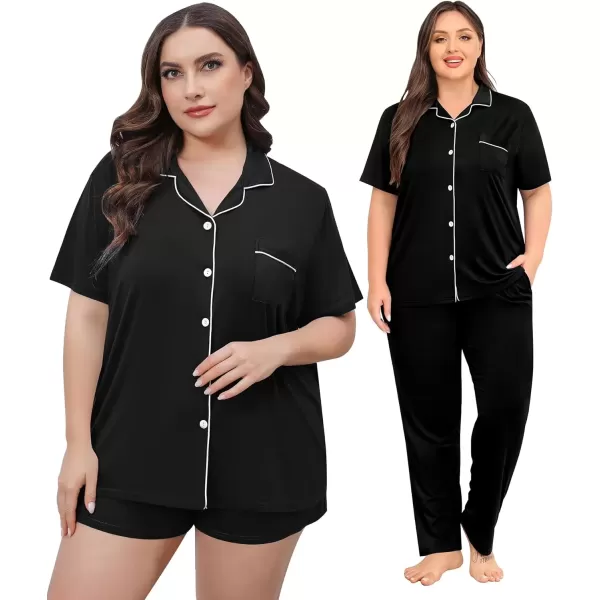 imageSWOMOG Womens Plus Size Pajama Set Short Sleeve Sleepwear Top and Pants Button Up Pajamas for Women LoungewearZcarbon Black