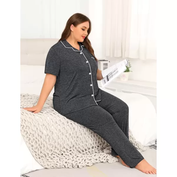 imageSWOMOG Womens Plus Size Pajama Set Short Sleeve Sleepwear Top and Pants Button Up Pajamas for Women LoungewearZdark Gray