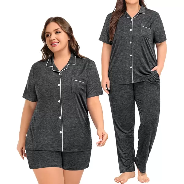 imageSWOMOG Womens Plus Size Pajama Set Short Sleeve Sleepwear Top and Pants Button Up Pajamas for Women LoungewearZdark Gray