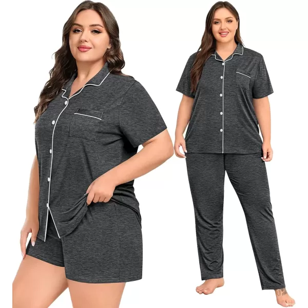 imageSWOMOG Womens Plus Size Pajama Set Short Sleeve Sleepwear Top and Pants Button Up Pajamas for Women LoungewearZdark Gray