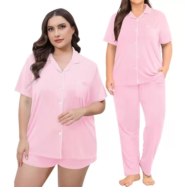 imageSWOMOG Womens Plus Size Pajama Set Short Sleeve Sleepwear Top and Pants Button Up Pajamas for Women LoungewearZlight Pink