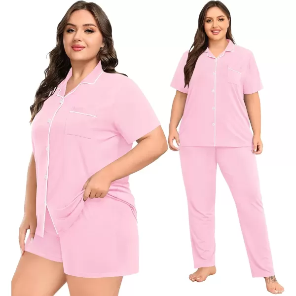 imageSWOMOG Womens Plus Size Pajama Set Short Sleeve Sleepwear Top and Pants Button Up Pajamas for Women LoungewearZlight Pink